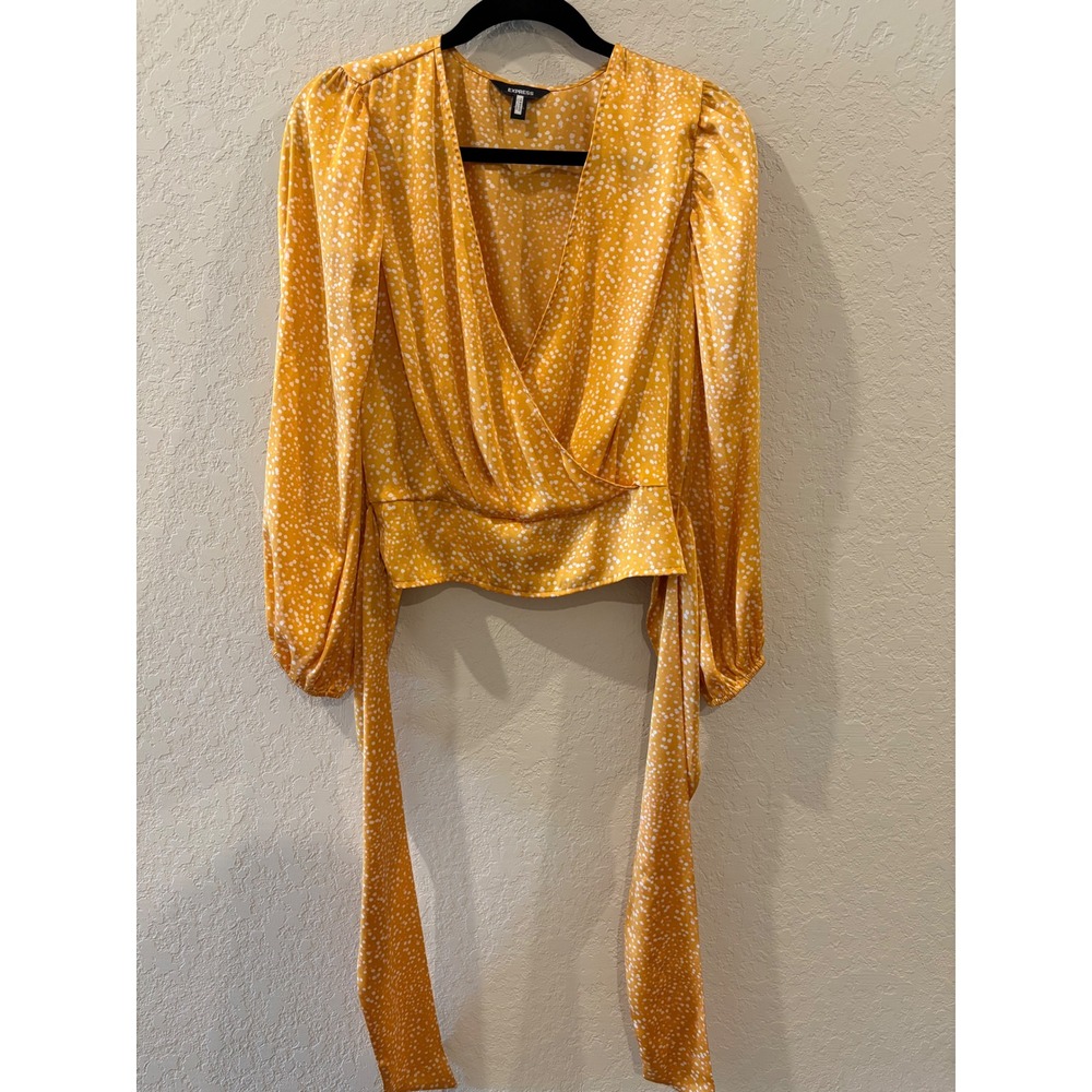 Express Mustard Yellow Polka Dot Satin Wrap Top Puff Sleeve Tie Back Blouse M